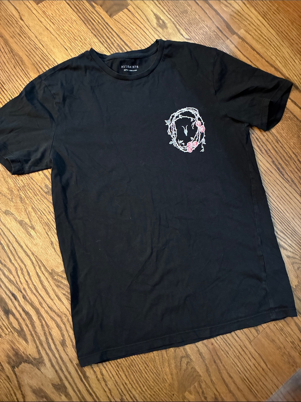 All Saints Black Short Sleeve Tee Small Rose Thorn Vine Skull Graphic